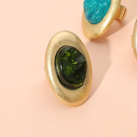 Oversized Abstract Resin Dome Accent Brushed Metal Oval Stretch Ring