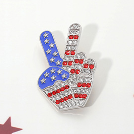 Stone Paved American USA Flag Peace Hand Sign Pin Brooch