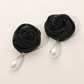 Teardrop Pearl Dangle Satin Rose Earrings