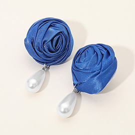 Teardrop Pearl Dangle Satin Rose Earrings