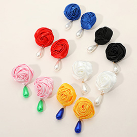 Teardrop Pearl Dangle Satin Rose Earrings