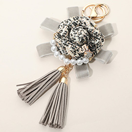 Number Five Pearl Accent Tweed Flower Bow Tassel Keychain / Beg Charm