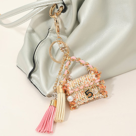 Pearl Number Five Stone Charm Accent Tweed Handbag Tassel Keychain / Bag Charm