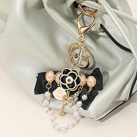 Flower Pearl Key Stone Number Five Charm Embellished Bow Keychain / Bag Charm