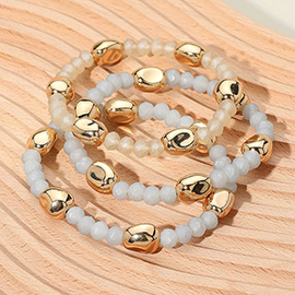 3PCS - Worn Metal Pebble Beaded Stretch Multi Layered Bracelets
