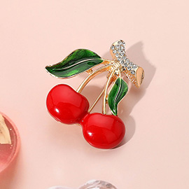 Stone Paved Enamel Cherry Pin Brooch