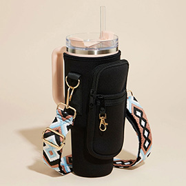 Solid Tumbler Carrier Holder Aztec Pattern Strap Crossbody Bag