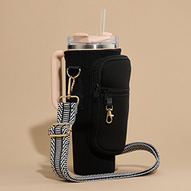 Solid Tumbler Carrier Holder Chevron Pattern Strap Crossbody Bag