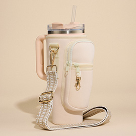Solid Tumbler Carrier Holder Chevron Pattern Strap Crossbody Bag