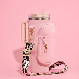 Solid Tumbler Carrier Holder Leopard Pattern Strap Crossbody Bag