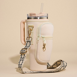 Solid Tumbler Carrier Holder Geometric Pattern Strap Crossbody Bag