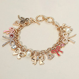 Enamel Bow Pearl Stone Paved Heart Stone Bezel Charm Embellished Toggle Bracelet