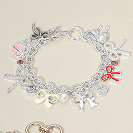 Enamel Bow Pearl Stone Paved Heart Stone Bezel Charm Embellished Toggle Bracelet