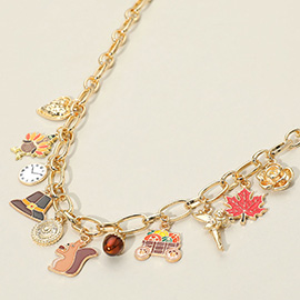 Enamel Squirrel Turkey Maple Leaf Hat Clock Metal Heart Flower Angel Charm Station Necklace