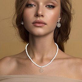 Rhinestone Paved Rose Pendant Pearl Necklace