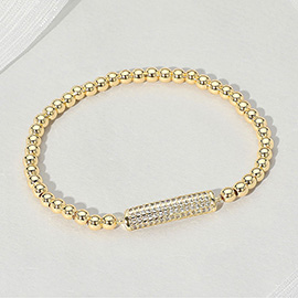 Stainless Steel Rhinestone Paved Bar Beaded Stretch Bracelet