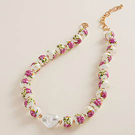 Pearl Accent Floral Ceramic Ball Beaded Necklace