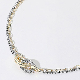 14K Gold Plated Two Tone Textured Ring Accent Layered Chain Necklace