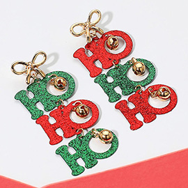 Glittered HO HO HO Message Bow Bell Charm Dangle Earrings