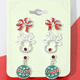 3Pairs - Bow Reindeer Holiday Ornament Earring Set