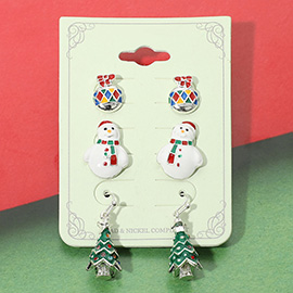 3Pairs - Enamel Christmas Ornament Snowman Tree Earring Set