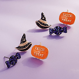 3Pairs - Halloween Candy Witch Hat Pumpkin Stud Earring Set