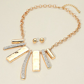 Rhinestone Paved Hammered Geometric Metal Bar Statement Necklace
