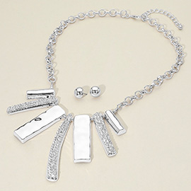 Rhinestone Paved Hammered Geometric Metal Bar Statement Necklace