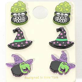 3Pairs - Hocus Pocus Halloween Cauldron Witch Hat Face Earring Set
