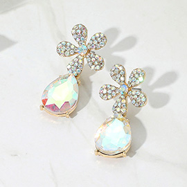 Rhinestone Paved Flower Accent Teardrop Dangle Evening Earrings
