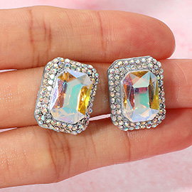 Iridescent Rectangular Rhinestone Evening Stud Earrings