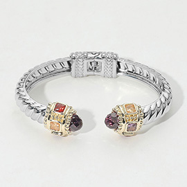 CZ Stone Tip Two Tone Twisted Hinge Cuff Bracelet