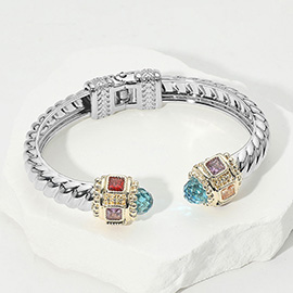 CZ Stone Tip Two Tone Twisted Hinge Cuff Bracelet