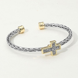 CZ Stone Paved Cross Accent Two Tone Braided Cuff Bracelet