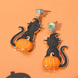 Halloween Pumpkin Black Cat Dangle Earrings
