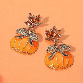 Fall Festival Leaf Bow Pumpkin Dangle Earrings