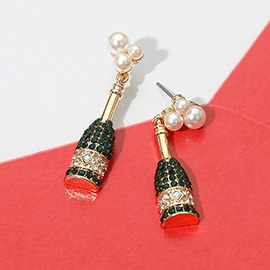 Pearl Accent Rhinestone Embellished Champagne Bottle Dangle Earrings