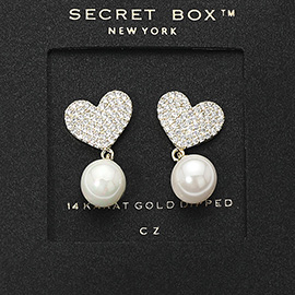 SECRET BOX_14K Gold Dipped CZ Stone Paved Heart Accent Pearl Dangle Earrings