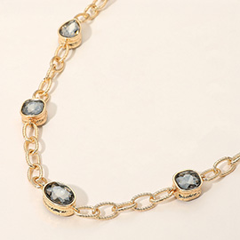 Oval Teardrop Square Stone Bezel Link Necklace
