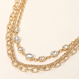 Faceted Oval Rectangular Stone Cluster Link Accent Chunky Metal Chain Layered Necklace