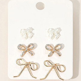 3Pairs - Pearl Metal Stone Paved Bow Stud Earring Set