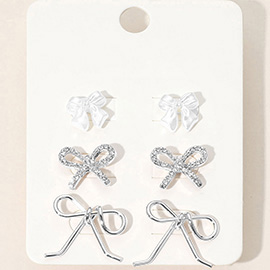 3Pairs - Pearl Metal Stone Paved Bow Stud Earring Set