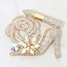 Rhinestone Embellished Flower Accent Glam High Heel Lipstick Pin Brooch