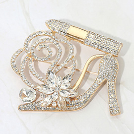 Rhinestone Embellished Flower Accent Glam High Heel Lipstick Pin Brooch