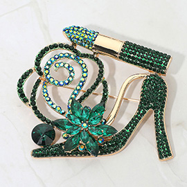Rhinestone Embellished Flower Accent Glam High Heel Lipstick Pin Brooch