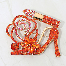 Rhinestone Embellished Flower Accent Glam High Heel Lipstick Pin Brooch