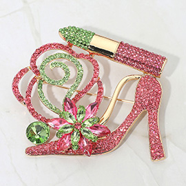 Rhinestone Embellished Flower Accent Glam High Heel Lipstick Pin Brooch
