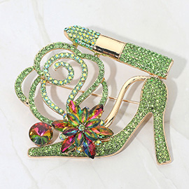 Rhinestone Embellished Flower Accent Glam High Heel Lipstick Pin Brooch