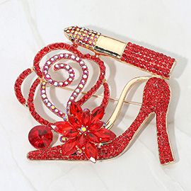 Rhinestone Embellished Flower Accent Glam High Heel Lipstick Pin Brooch