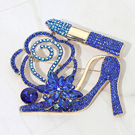 Rhinestone Embellished Flower Accent Glam High Heel Lipstick Pin Brooch